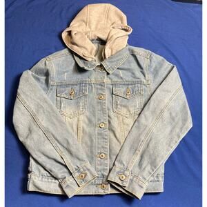 New Womens Distressed Denim Jean Jacket Size Small with Detachable Hood